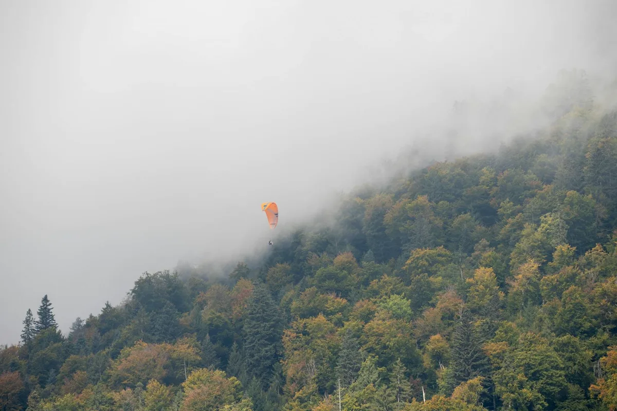 Ein orangefarbener Gleitschirm sinkt in eine Nebelbank vor einem herbstlich verfärbten Bergwald