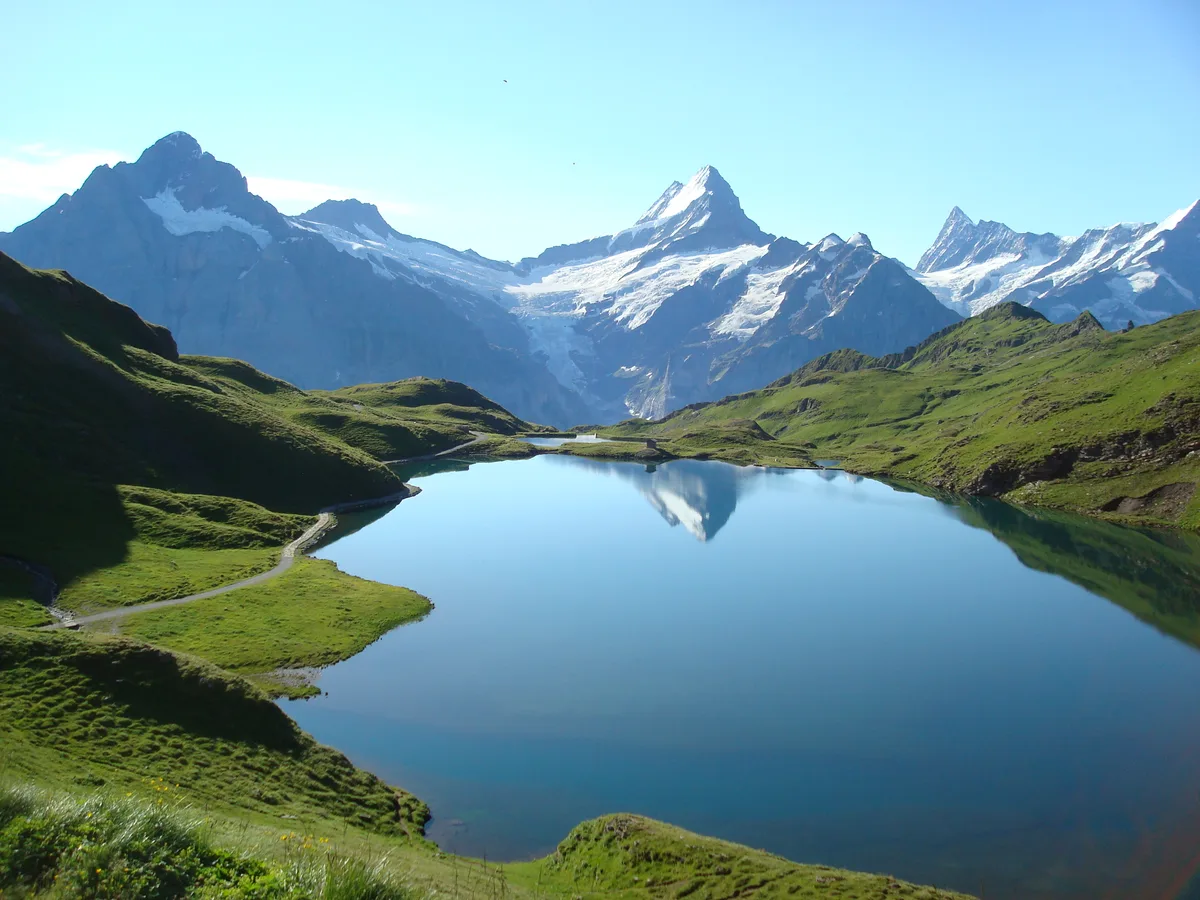 Der Bachalpsee spiegelt die schneebedeckten Gipfel von Schreckhorn und Wetterhorn im stillen Wasser