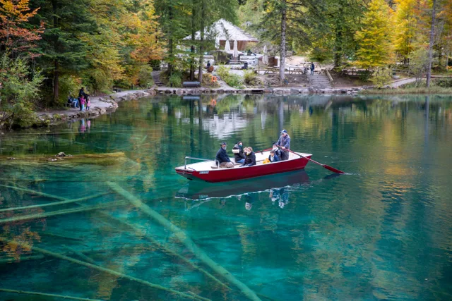 Rotes Ruderboot auf dem klaren Blausee, im Grund versunkene Baumstämme, ringsum Herbstwald