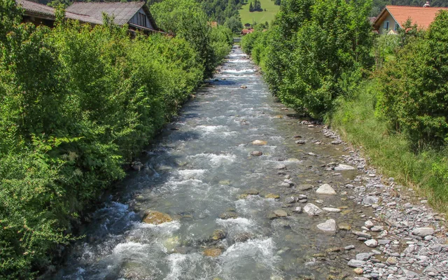 Der Saxetbach bei Wilderswil fliesst über Geröll zwischen grünen Ufern — in seiner Schlucht führen die Canyoning-Touren