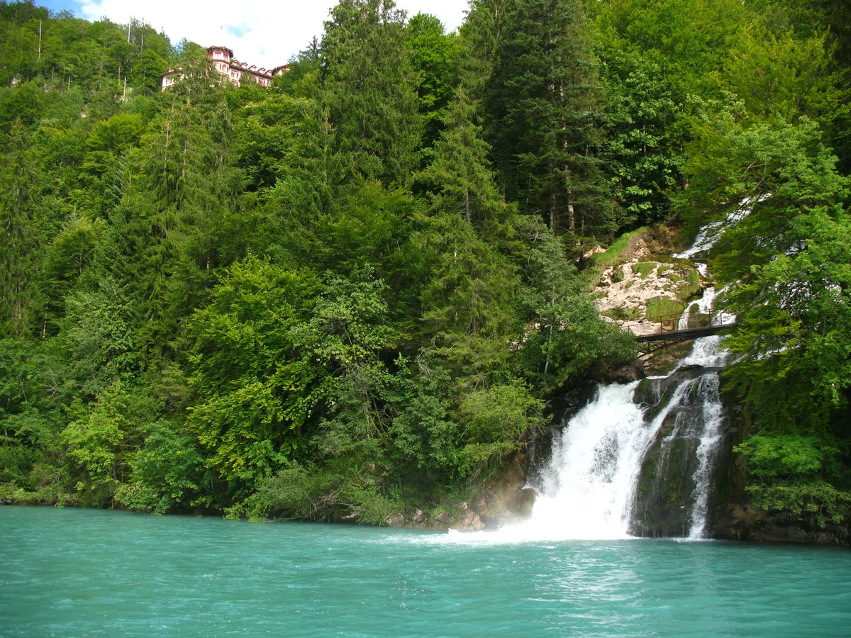 Un palier des chutes du Giessbach plonge entre une forêt dense dans une eau turquoise, en haut à droite le Grandhotel Giessbach entre les arbres