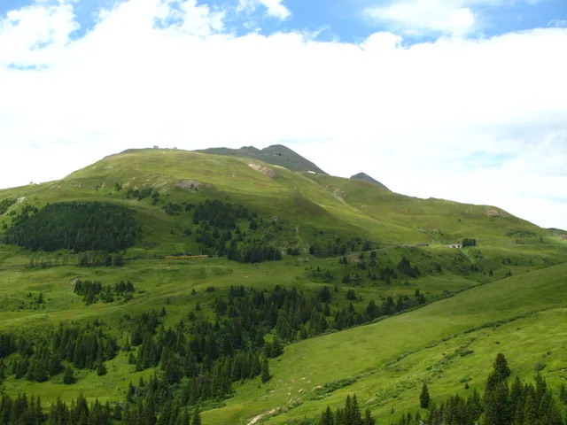 Gelbe Wanderwegweiser auf einer Alpweide, dahinter die Bahnlinie und das vergletscherte Massiv von Eiger und Mönch unter blauem Himmel