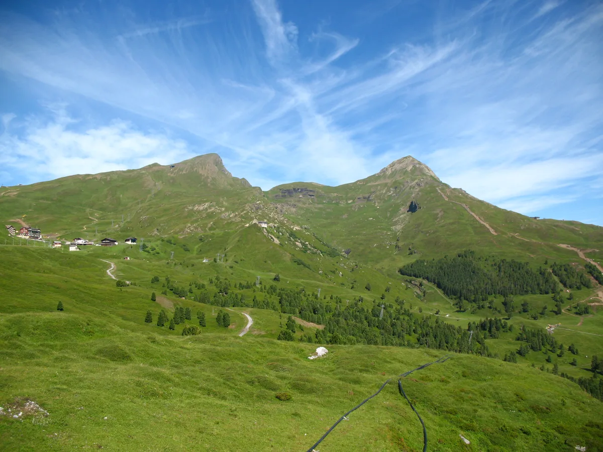 Grüne Alpweiden unter blauem Himmel, links die Häusergruppe der Kleinen Scheidegg am Hang, dahinter die Gipfel von Tschuggen und Lauberhorn
