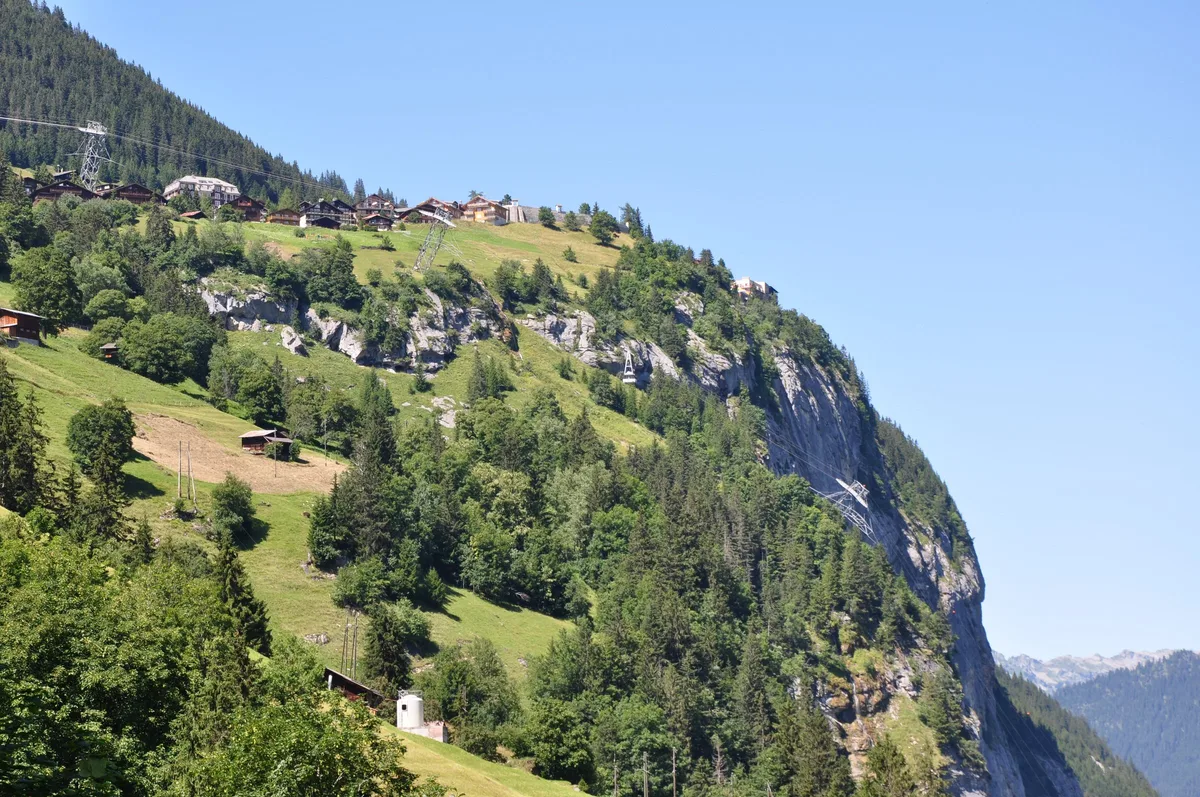Mürren auf seiner Felsterrasse, von Gimmelwald aus gesehen: Chalets am Abbruch über der bewaldeten Steilflanke