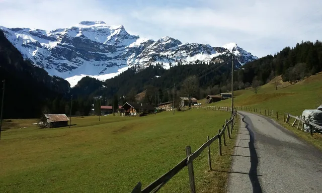 Strasse am Dorfrand von Saxeten mit Zaun und Heustall, dahinter die verschneiten Gipfel