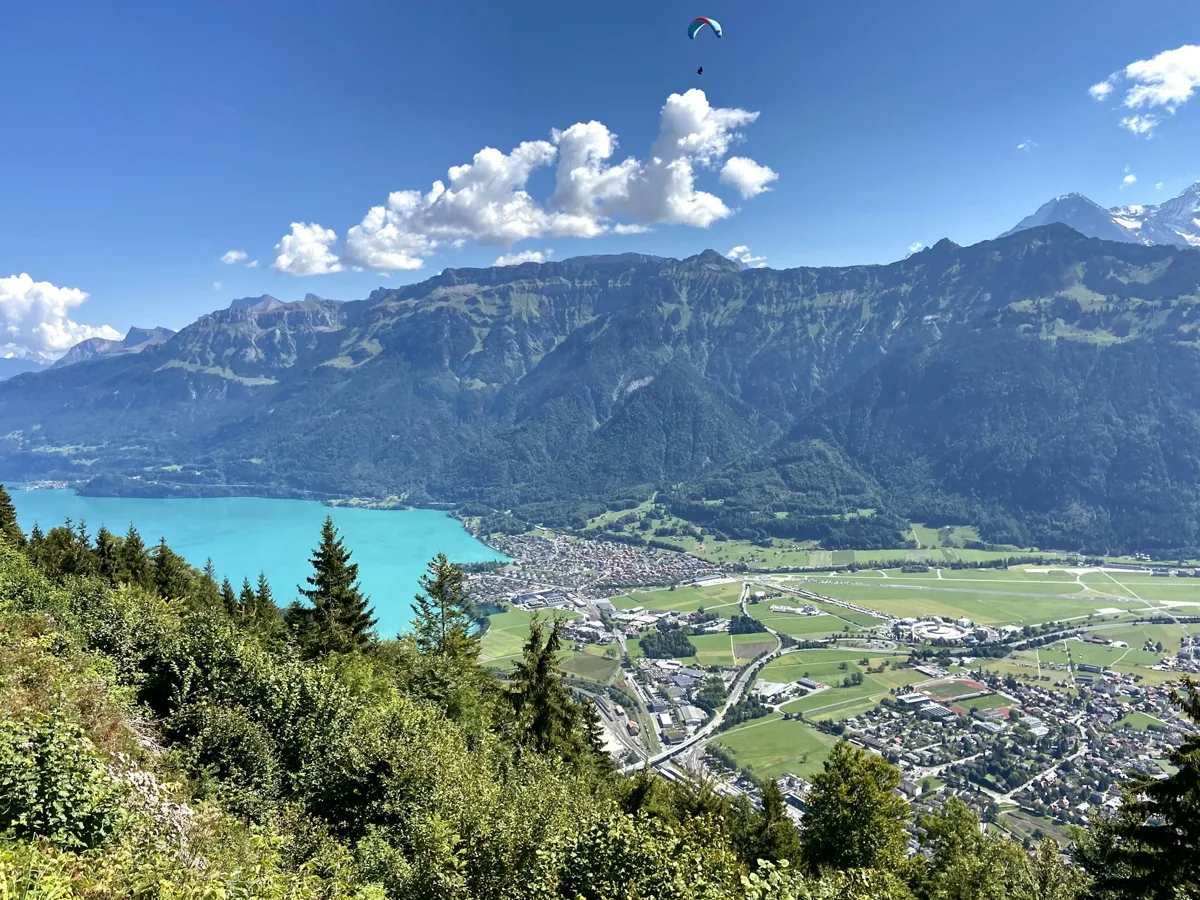 Blick von einer bewaldeten Anhöhe über das Tal von Interlaken mit türkisem See, Ortschaft und grünen Feldern; darüber ein Gleitschirm